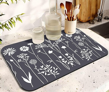 Dish Drying Mat for Kitchen Counter 20x12in Washable Quick Dish Drying Pad Rubber Backed Absorbent Draining Mat Fit Kitchen Counter,Bar,Under Sink,Dishes,Utensils,Dish Rack