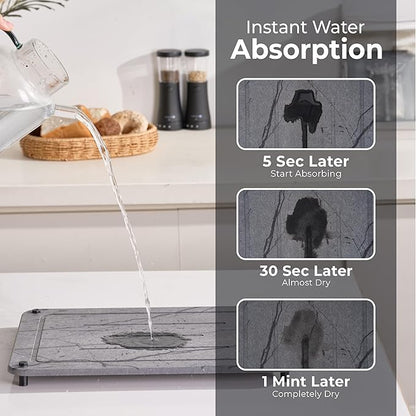 Stone Drying Mat for Kitchen Counter + Sink Caddy | 15.7"x11.8" Diatomaceous Earth Drying Mat with Stainless Steel Feet | Heat Resistant to 450°F | Eco-Friendly & Multipurpose Drying Mat- Dark Grey