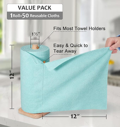 UPSTAR Microfiber Cleaning Cloth, Reusable Paper Towels Rolls, 50 Packs 12x12 inch Cleaning Rags for Washing Dishes, Kitchen, Bathroom, Car, Blue