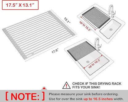 Surpahs 17.5 x 13.1 Inch Roll-Up Dish Drying Rack, Fits Across Sink Openings up to 16.5 Inches, Heavy-Duty Premium Silicone, Strong Support, Non-Slip, Heat-Resistant, Warm Gray