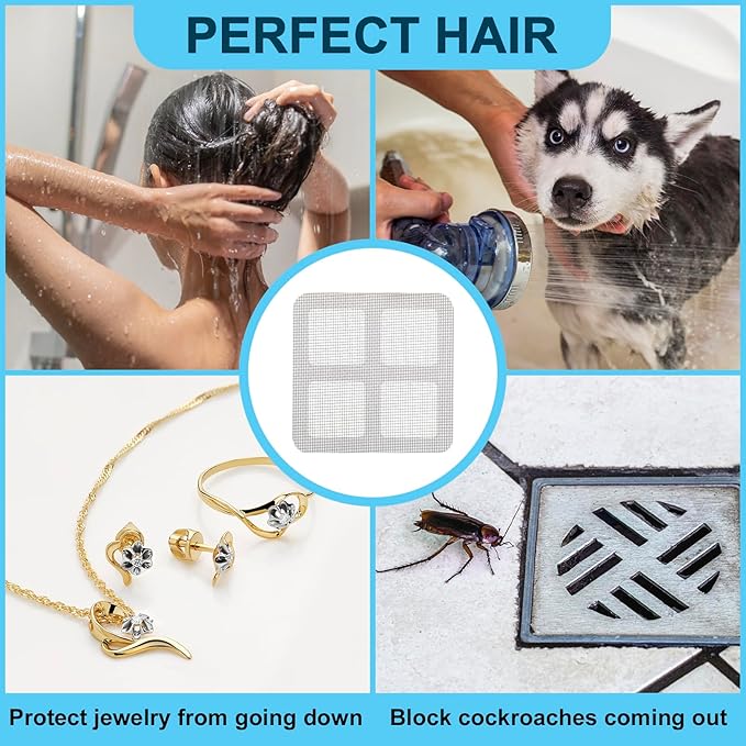 30 PC Disposable Shower Drain Hair Catcher Stickers 4"x4" Strong Adhesive Mesh Covers for Bathroom, Kitchen & Laundry Easy Apply & Remove