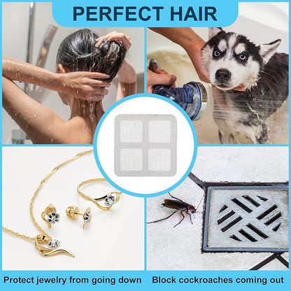 30 PC Disposable Shower Drain Hair Catcher Stickers 4"x4" Strong Adhesive Mesh Covers for Bathroom, Kitchen & Laundry Easy Apply & Remove