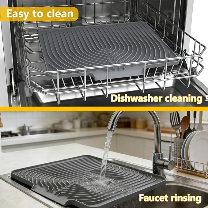 Silicone Drying Mat for Kitchen Counter , Dish Drying Rack Matt with Built in Drain, Small Dry Mats for Dishes Drying Pad for Kitchen Counter (20×15.7inch Extra Large, gray)