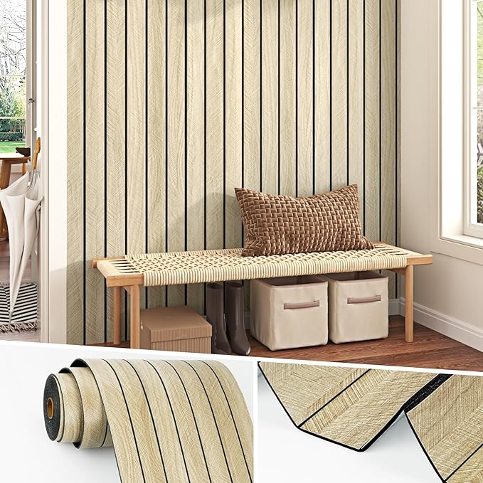 Wallercity Light Brown Wood Slat Acoustic Panels for Stylish Decor Noise Reduction 3D Textured Wood Grain Paneling for Ceiling Walls Peel & Stick Wooden Wall Panels for Background Bedroom 11.7''x118''