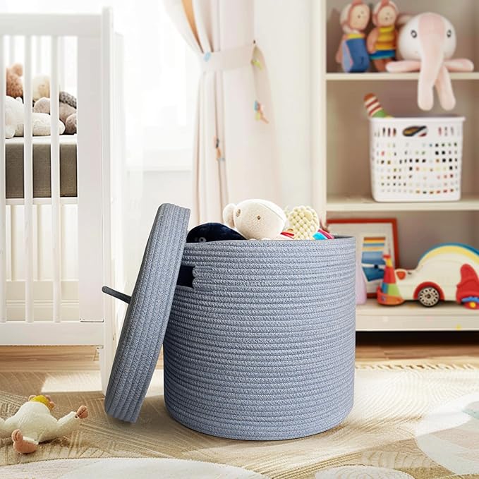 Storage Basket with Lid, Woven Blanket Storage for Living Room, Soft Cotton Rope Bin with Lid, Round Wicker Laundry Basket with Cover, Lidded Kid Dog Toy Box, Nursery Organizer, 15"x13", Blue