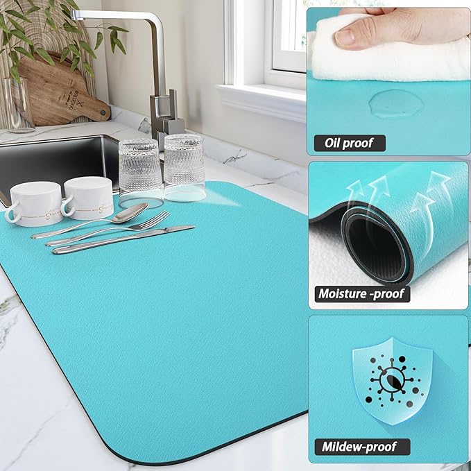 HotLive Dish Drying Mat for Kitchen Counter, Heat Resistant Drainer Mats with Non-slip Rubber Backed, Hide Stain Kitchen Super Absorbent Draining Mat, Easy to Clean Dish Rack Pad, Teal 18"x24"