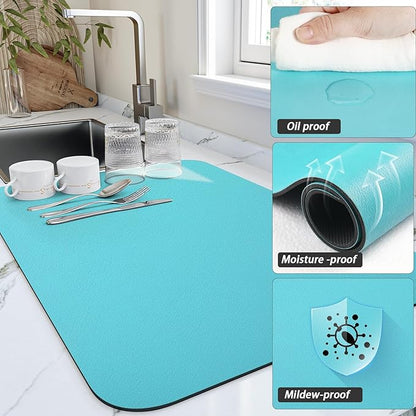 HotLive Dish Drying Mat for Kitchen Counter, Heat Resistant Drainer Mats with Non-slip Rubber Backed, Hide Stain Kitchen Super Absorbent Draining Mat, Easy to Clean Dish Rack Pad, Teal 16"x18"