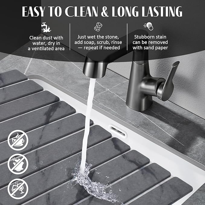 Large Stone Dish Drying Mats for Kitchen Counter, 24"(L)×16"(W) Marble, Drying Collapsible Dish Drying Mat, Eco-Friendly Absorbent Diatomaceous Earth Mats for Dishes Bottles Cups - Dark Grey