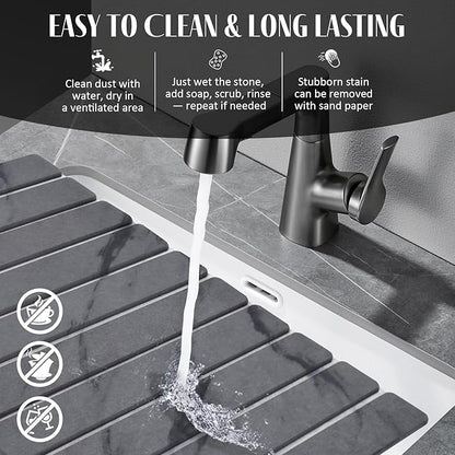 Stone Dish Drying Mats for Kitchen Counter, 24"(L)×16"(W) Marble-Pattern Dish Drying Mat, Eco-Friendly Absorbent Diatomaceous Earth Mats for Dishes Bottles Cups, Match Any Countertop【 Dark Grey】