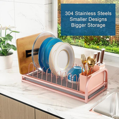 Pink Dish Rack - Small Dish Drying Rack for Limitied Kitchen Counter, Narrow Stainless Steel Dish Drainer w Tray, Cutlery Holder, Cute Kitchen Appliances Organizer for A Lovely You