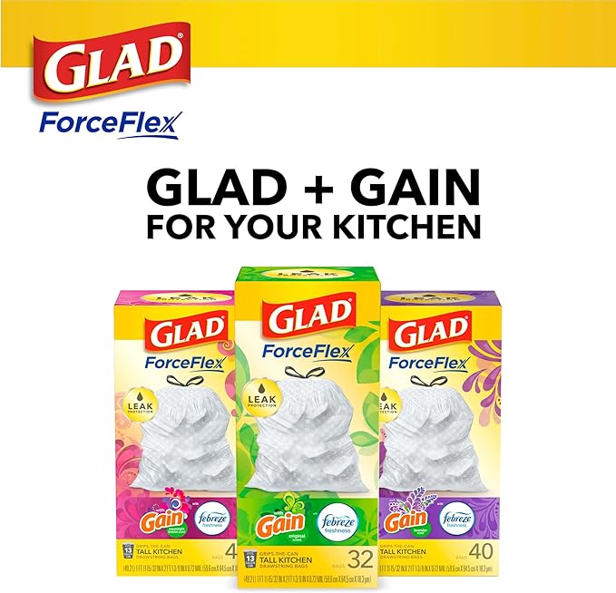 Glad Trash Bags, 13 Gallon, 40 Ct, Pack of 2 | ForceFlex | Tall Kitchen | Drawstring | Gain Lemon Zest