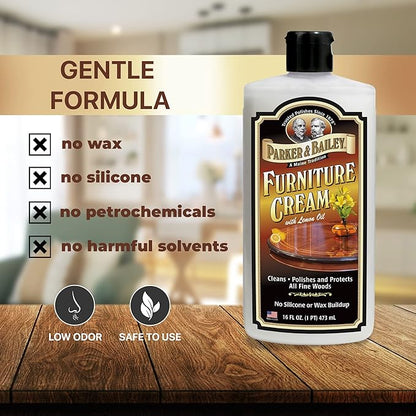 Parker & Bailey Furniture Cream, Floor & Furniture Cleaner, Quick Shine Restorer for Cabinets, Tables & Surfaces, 16 oz.