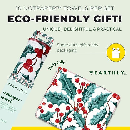 Reusable Paper Towels - 10 Pack - Roll of Washable Cotton Cloth Paper Towels - Paperless Reusable Napkins Cloth Washable - Absorbent + Long Lasting - Zero Waste Products - (Holly Jolly)