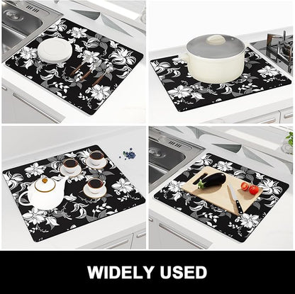 Rnivvi Dish Drying Mat for Kitchen Counter, 16 x 18" Cute Flower Theme Absorbent Heat Resistant Drying Pad with Non-slip Rubber, Coffee Bar Mats for Dish Rack Kitchen Accessories, Black White