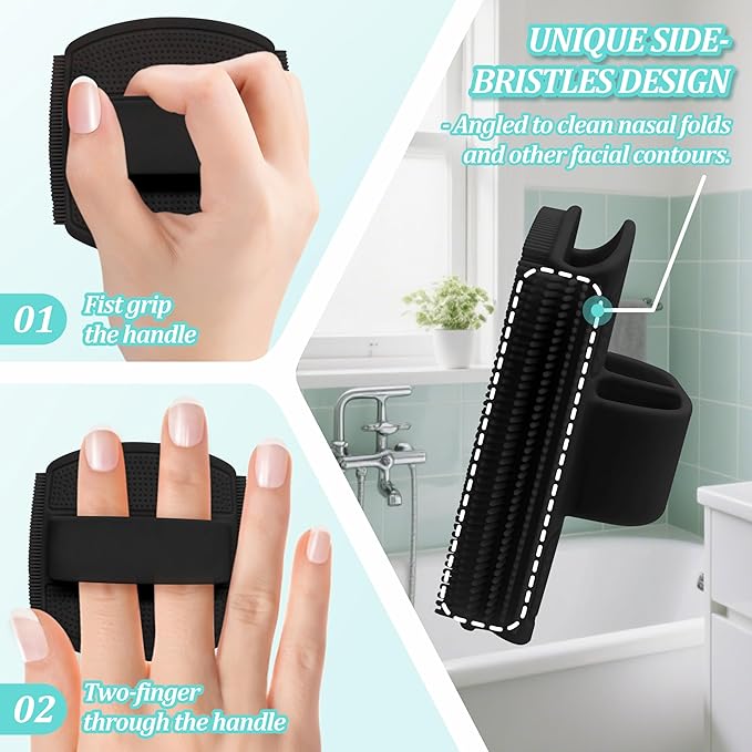 Silicone Body & Face Scrubber Set, 360° Anti-Slip & Hand-fit Silicone Shower Scrubber for Rich Foaming Deep Cleaning, Unique Facial Scrubber with Side-bristles for Contoured Areas.(Black)