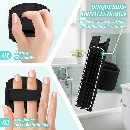 Silicone Body & Face Scrubber Set, 360° Anti-Slip & Hand-fit Silicone Shower Scrubber for Rich Foaming Deep Cleaning, Unique Facial Scrubber with Side-bristles for Contoured Areas.(Black)