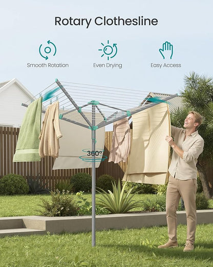 SONGMICS Umbrella Clothesline, Rotary Washing Line, Foldable Heavy-Duty Outdoor Clothes Drying Rack with Clips, Cover, Ground Anchor, 164 ft (50 m) Long for 5 Loads of Laundry, Silver ULLR307EZ01