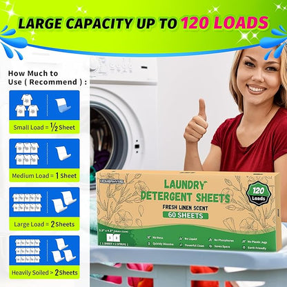 HOMERHYME Laundry Detergent Sheets - Fresh Linen 120 Loads Laundry Sheets Detergent, Bulk Travel Laundry Detergent Eco Friendly & Hypoallergenic Natural Detergent Sheets Strips Laundry Soap Sheets