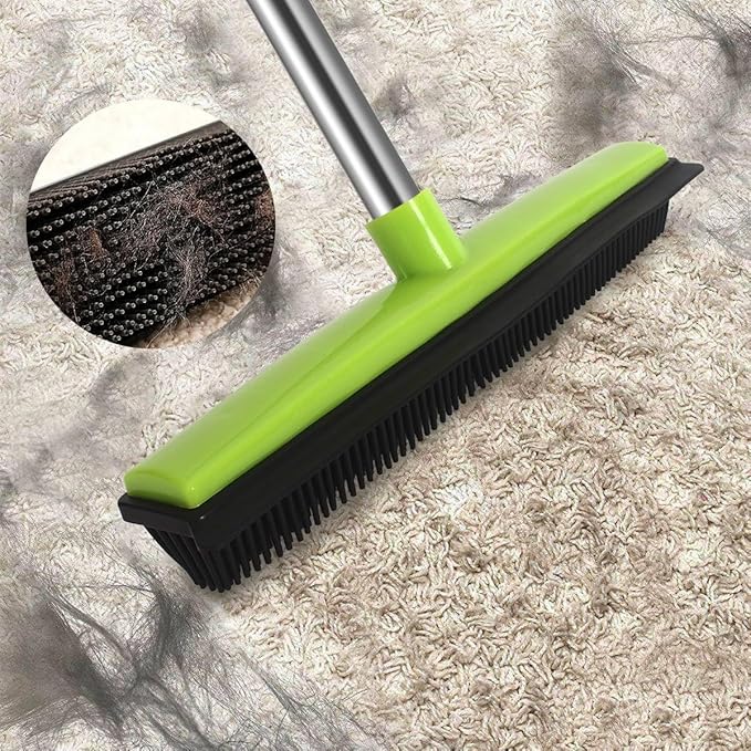 MEIBEI Pet Hair Removal Broom with Squeegee -53", Long Handle Soft Bristle Rubber Broom, Ideal for Remove Fur from Carpets, Rugs, Hardwood and Linoleum