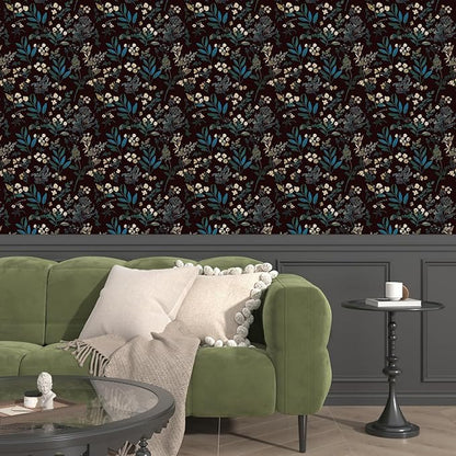 Laatse Vintage Green Wallpaper Peel and Stick Dark Floral Wallpaper 17.5'' x 393'' Green Leaf Contact Paper Vinyl Waterproof Self Adhesive Boho Botanical Wall Paper for Bedroom Cabinet Décor