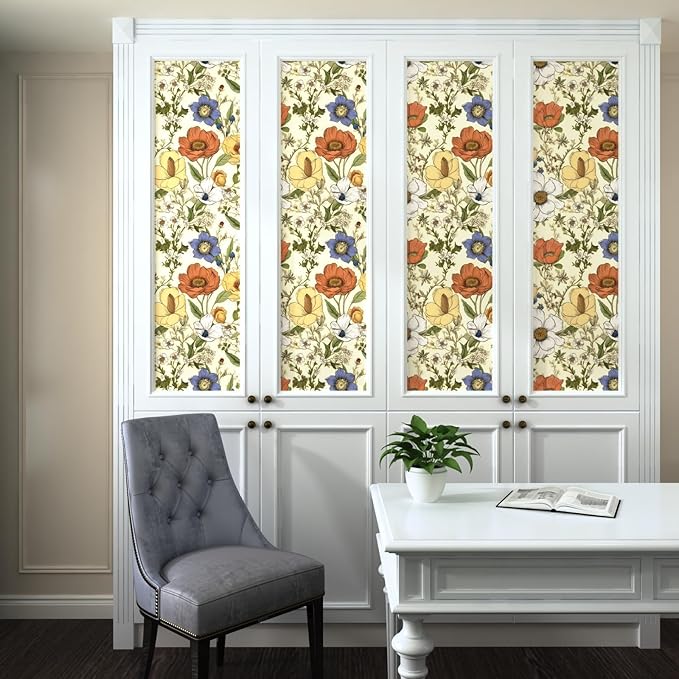 Floral Wallpaper Peel and Stick, Yellow/Orange Blooming Flowers Contact Paper, Vintage Botanical Wall Paper Self Adhesive Waterproof Removable for Bedroom Shelves Cabinet Drawer Table 17.5" x 393.7"