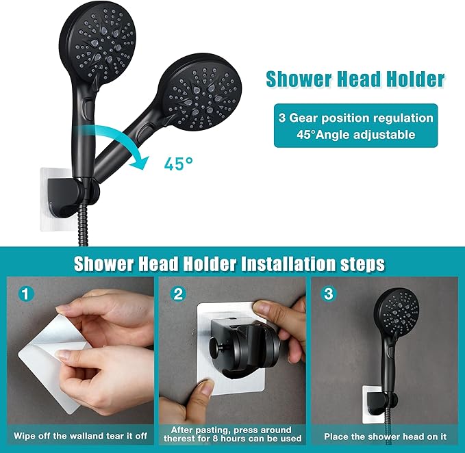 Handheld Shower Head with on off Switch&Built-in Power Spray,7-Setting High Pressure Spray Shower Wand with 79in Long Hose&Bracket and Extra Adhesive Shower Holder for Lower Mount,Black