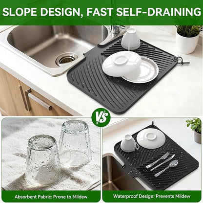 Belife Dish Drying Mat for Kitchen Counter, Silicone Dish Drainers Pad, Non-Slip Under Sink Dish Drying Rack, Heat Resistant Small Stone Drying Board (16.9" x 14.6", Black)