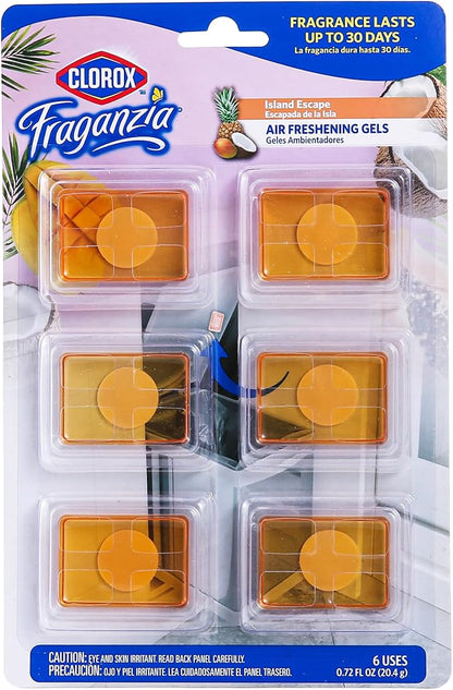 Clorox Fraganzia Stick-On Gel Fresheners, Island Escape Trash Can Deodorizer Up to 30 Days Scent, Odor Absorber for Kitchen, Bathroom, Closet, No Plug or Batteries, 0.12 Fl Oz, 6 Count