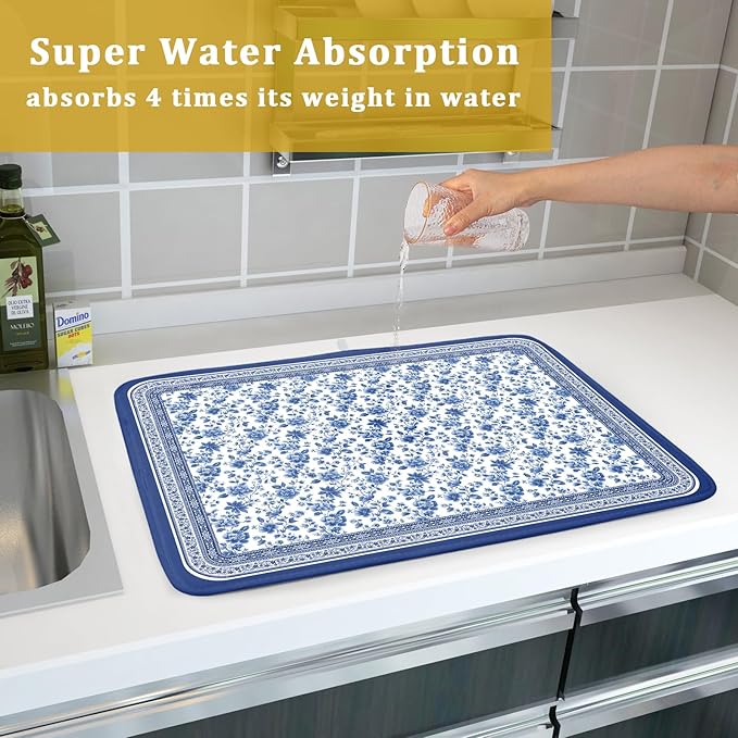 Blue Floral Branches Dish Drying Mat for Kitchen Counter Chinoiserie Pattern Dish Drying Pad 16”x18”Absorbent Vintage Flowers Decor Dishes Drainer Pad Dish Dry Rack Mat for Counter Coffee Bar