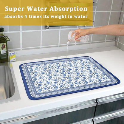 Blue Floral Branches Dish Drying Mat for Kitchen Counter Chinoiserie Pattern Dish Drying Pad 16”x18”Absorbent Vintage Flowers Decor Dishes Drainer Pad Dish Dry Rack Mat for Counter Coffee Bar