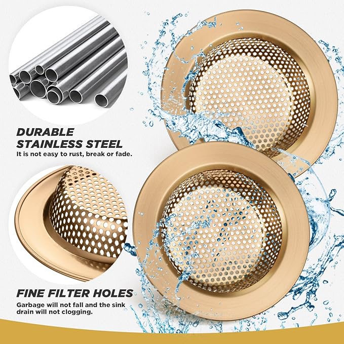 Retisee 2 Pcs Sink Strainer Stainless Steel Kitchen Sink Drain Strainer Basket Cover Mesh Hair Food Catcher, Large Wide Rim of 4.4 Diameter (Champagne Bronze)