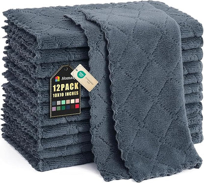 Homaxy 12 Pack Kitchen Dish Cloths (10 x 10 Inches, Dark Grey), Super Soft and Absorbent Coral Velvet Dish Towels, Nonstick Oil Fast Drying Microfiber Cleaning Cloth, No Lint Household Dishcloths