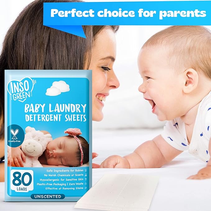 Baby Laundry Detergent Sheets for Infant, Toddler and Newborns, 80 Loads, Unscented – Gentle for Sensitive Skin - Washing Detergent for Baby Clothes