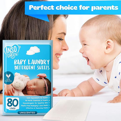 Baby Laundry Detergent Sheets for Infant, Toddler and Newborns, 80 Loads, Unscented – Gentle for Sensitive Skin - Washing Detergent for Baby Clothes