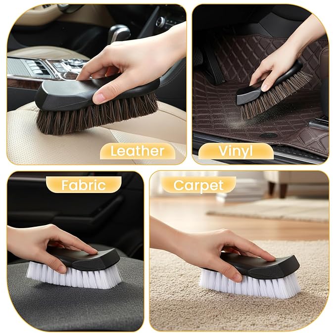 4-Piece Upholstery Cleaning Brush Set, Car Upholstery Brush with Horsehair & Nylon Bristles for Leather, Carpet, Couch, Boat & Auto Interior Detailing