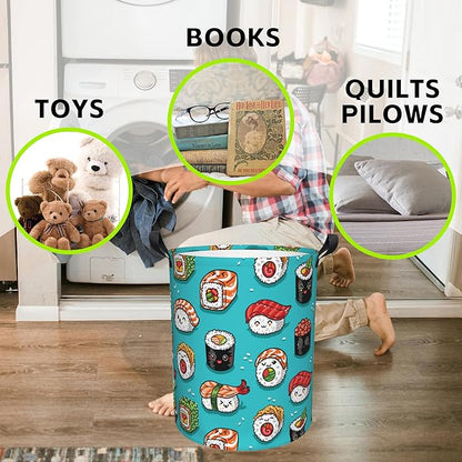 Cute Kawaii Sushi Laundry Basket Foldable Laundry Hamper Waterproof Oxford Cloth Large Laundry Basket Clothes Storage Bucket Toy Organizer For Bathroom, Laundry, College 17.3 x16.5 Inch