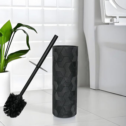 Matte Black Geo Design Resin Toilet Bowl Holder and Brush Set, Stylish Geometric Design with Durable Bristles, Compact and Modern