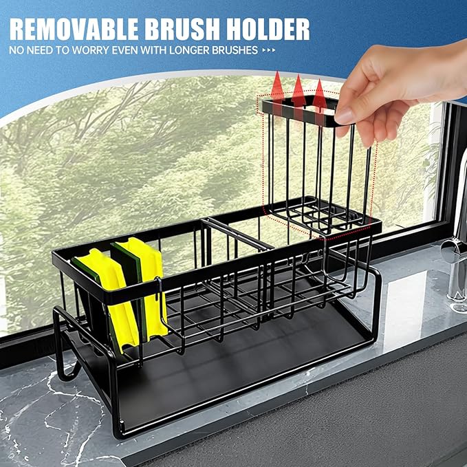 Sponge Holder for Kitchen Sink Caddy，Sink Caddy Organizer with High Brush Holder Adjustable Divider, Tilted Drain Pan, Multifunctional for Home Decor Accessories (Black)