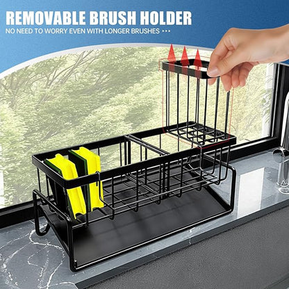 Sponge Holder for Kitchen Sink Caddy，Sink Caddy Organizer with High Brush Holder Adjustable Divider, Tilted Drain Pan, Multifunctional for Home Decor Accessories (Black)