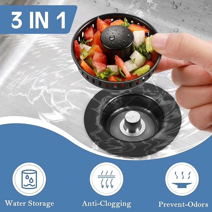 Kitchen Sink Drain Strainer 2 Pack, 304 Stainless Steel Pop Up Sink Stopper, Anti-Clogging Sink Drain Strainer for US Standard Kitchen Drain (Matte Black)