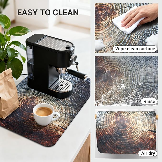 Coffee Mat 24x16 Inch, Wood Grain Coffee Drying Mat, Absorbent Hide Stain Rubber Backed Dish Drying Mat for Kitchen Counter, Bar Mats for Countertops,Under Coffee Bar Maker Machine Pot Espresso Staion