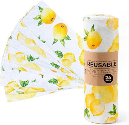 Zero Waste Reusable Paper Towels, Organic Cotton Flannel Wipes for Kitchen, Bathroom, Hand Drying, Pet Messes, and Counter Cleaning, Lemons, 24-Pack Gift Set