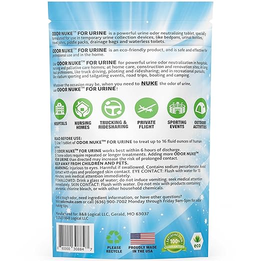 Human Urine Odor Neutralizer Tablets by ODOR NUKE - Kill Urine Smell In Portable Urinals for Men, Bedside Commodes, Bedpans & Camping Toilets - 2.8oz (Original)