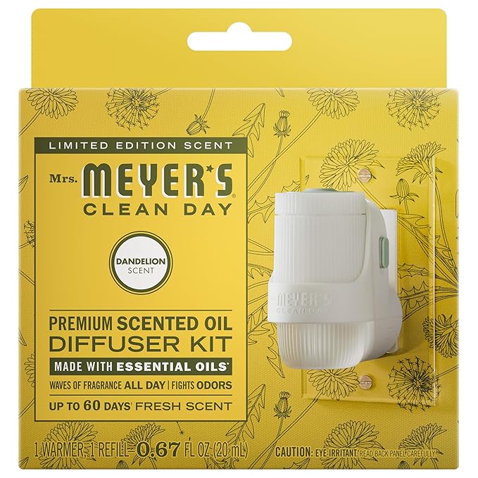Mrs. Meyer's Clean Day Premium Scented Oil Plug-In, Diffuser & Air Freshener Kit, Dandelion, 1 warmer and .67 fl oz refill