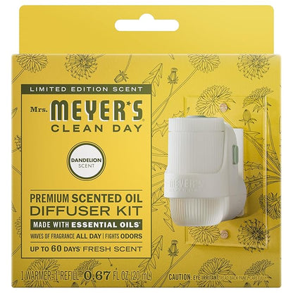 Mrs. Meyer's Clean Day Premium Scented Oil Plug-In, Diffuser & Air Freshener Kit, Dandelion, 1 warmer and .67 fl oz refill