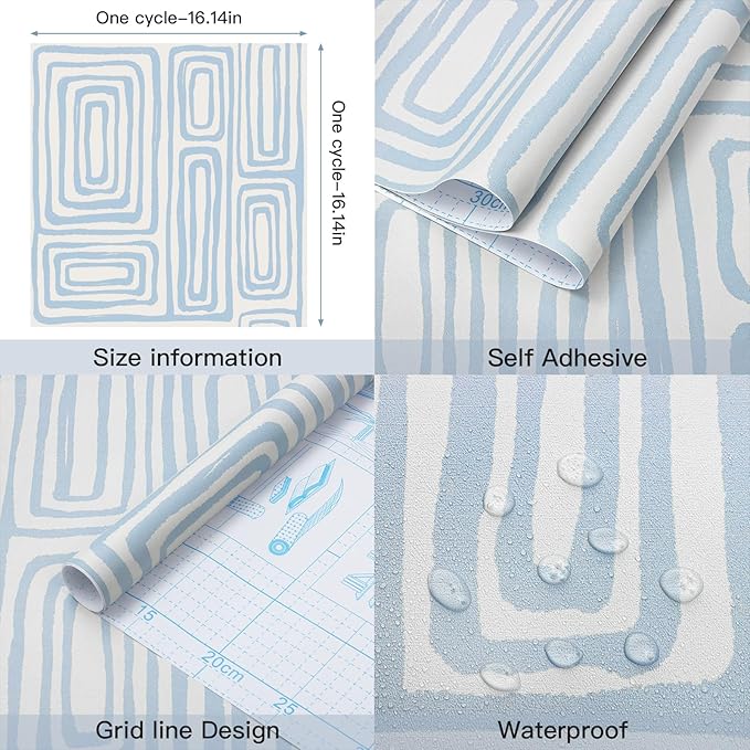 GloryTik Peel and Stick Wallpaper Blue and White Contact Paper Modern Geometric Self-Adhesive Removable Waterproof Wall Paper for Bedroom Bathroom Cabinets Kids Room Vinyl Roll 16.14"x197"