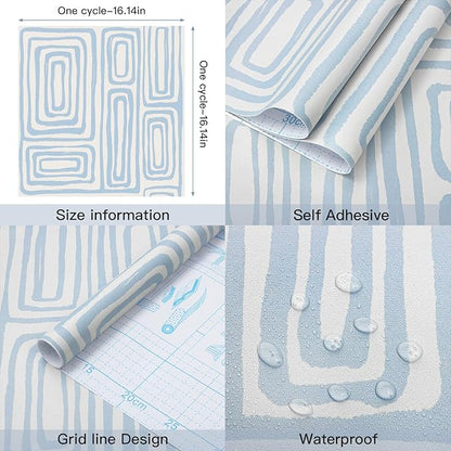 GloryTik Peel and Stick Wallpaper Blue and White Contact Paper Modern Geometric Self-Adhesive Removable Waterproof Wall Paper for Bedroom Bathroom Cabinets Kids Room Vinyl Roll 16.14"x197"