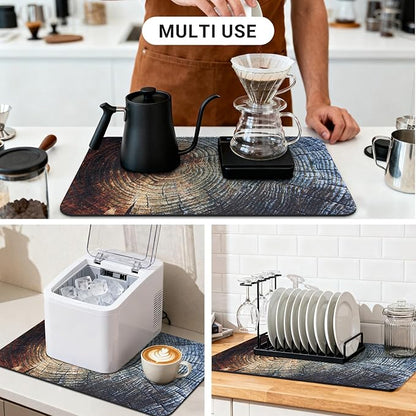 Coffee Mat 24x16 Inch, Wood Grain Coffee Drying Mat, Absorbent Hide Stain Rubber Backed Dish Drying Mat for Kitchen Counter, Bar Mats for Countertops,Under Coffee Bar Maker Machine Pot Espresso Staion