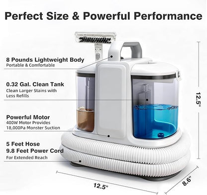Coospider 18Kpa Portable Carpet Cleaner Machine, Powerful Suction with Cleaning Tools & Upholstery Cleaner, Couch Cleaning with Pet Stains Remover for Dog Bed, Furniture, Rug, Sofa, Car & Mattress