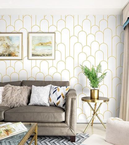 Yasinet White and Gold Peel and Stick Wallpaper White Geometric Contact Paper Stripe Removable Paper Self Adhesive Wallpaper Decorative for Wall Bedroom Vinyl Film 17.3''x197''
